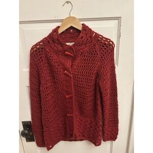 Aero Women's Red Acrylic Wool Blend Open Knit Toggle Cardigan Size‎ Medium